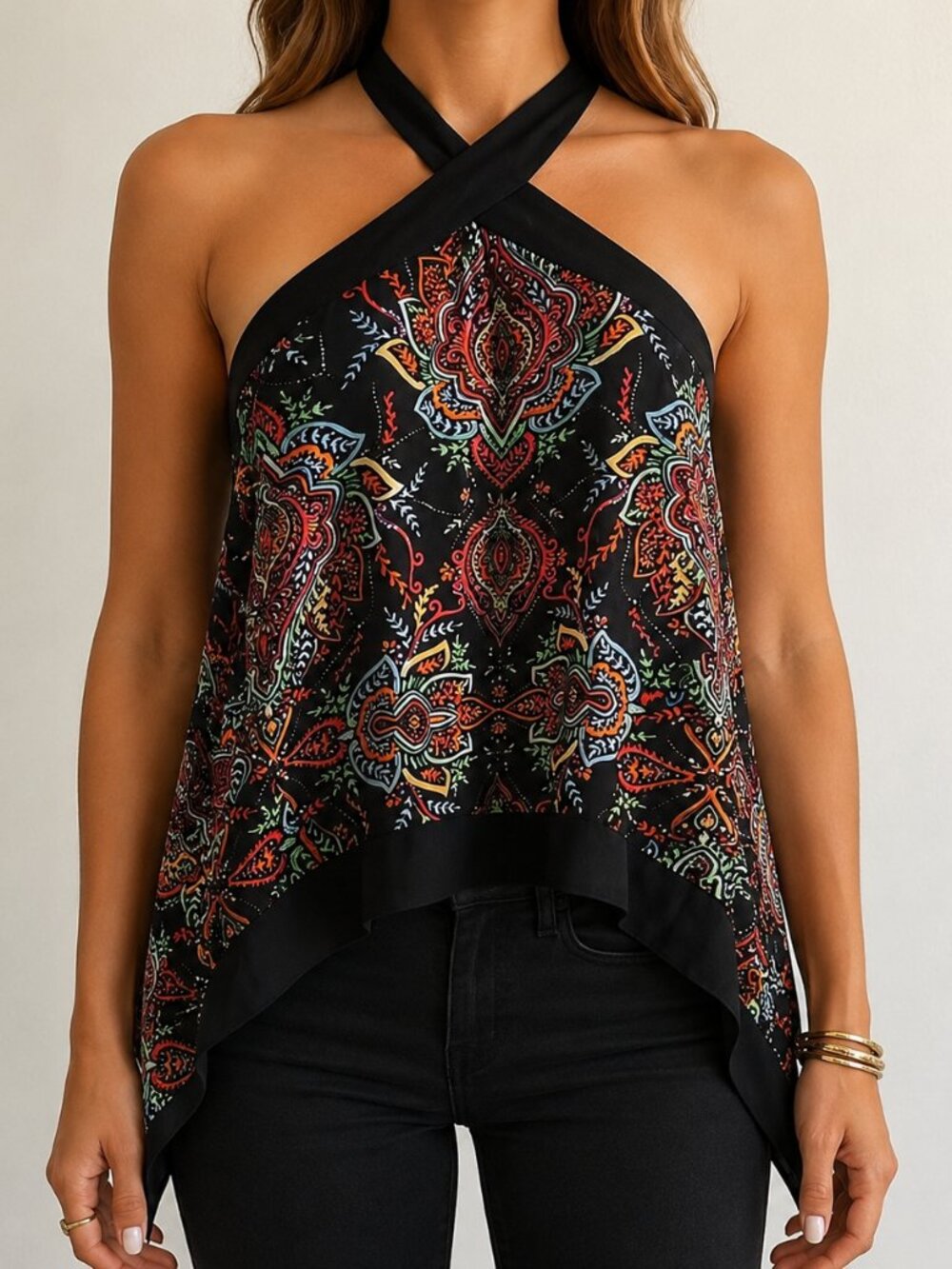 Soho Adjustable Halter Top, Black and Paisley, Size M